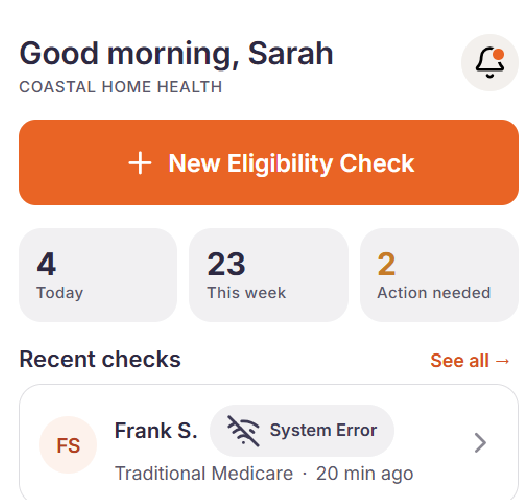 Verify dashboard for starting a new eligibility check