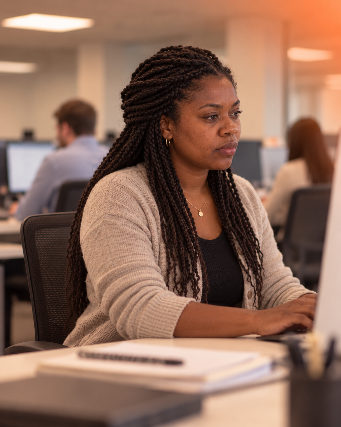 Intake team member working at a computer